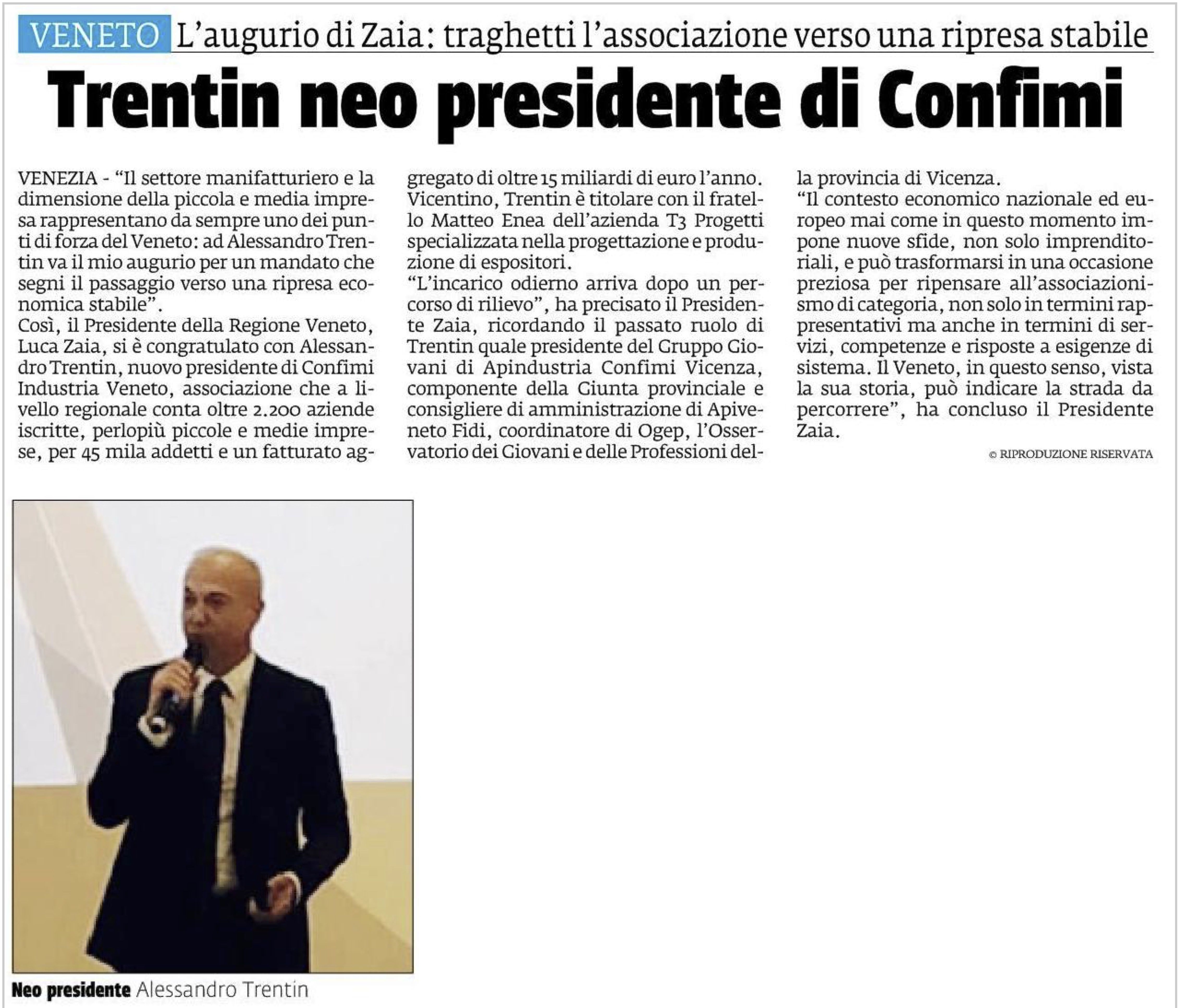 Le congratulazioni di Luca Zaia al nuovo Presidente di Confimi Industria Veneto Alessandro Trentin